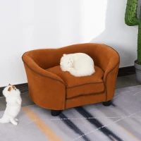 PawHut Haustiersofa, Hundebett, Hundesofa, Katzensofa, Katze Kissen, Naturholz+Plüsch, Braun, 70 x 51 x 37 cm(m-2)