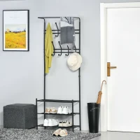 Homcom Cuier Banca pentru Hol cu Rafturi Pantofi in Otel, Negru, 67x30x185cm(m-1)