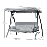 Outsunny huśtawka z dachem, huśtawka ogrodowa, Ławka bujana z funkcją leżenia, 3-osobowa, metal + poliester, biały, 209x114x170 cm(m-3)