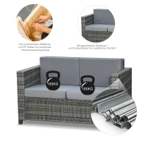 Outsunny Poly-Rattan Sofa with Cushions 2-Seater Garden Lounge Sofa Metal Polyester Gray 130 x 70 x 80 cm(m-5)