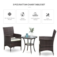 Outsunny Three-Piece Rattan Chair Set, with Cushions - Brown(m-4)