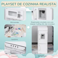 HOMCOM Cozinha de Brinquedo de Madeira para Crianças acima de 3 Anos Cozinha Infantil com Frigorífico Microondas Lavatório e 14 Acessórios 86x64x84,5cm Branco(m-6)