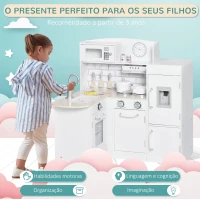 HOMCOM Cozinha de Brinquedo de Madeira para Crianças acima de 3 Anos Cozinha Infantil com Frigorífico Microondas Lavatório e 14 Acessórios 86x64x84,5cm Branco(m-4)