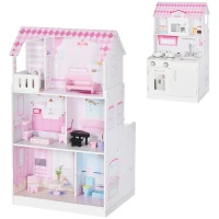 HOMCOM  2 em 1 binquedo de cozinha Casa de bonecas 3 andares com 12 acessórios incluidos para crianças acima de 3 anos  60x 48x 106 cm rosa(m-1)