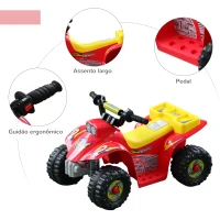 HOMCOM Quadriciclo Bateria 6V Quadicilo Elétrico para Crianças de 18-36 Meses Velocidade 2,5km/h Carga Máx 20kg Sons Luzes e Carregador Incluido 66x43x43 Vermelho e Amarelo(m-4)