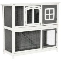 Pawhut hok voor kleine dieren Kooi voor kleine dieren met bodempan en oprit cavia hok cavia kooi 2 verdiepingen klein dierenhok dennenhout wit + grijs 117 x 49 x 108 cm(m-1)
