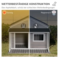PawHut Massief Houten Hondenkennel Hondenkennels Geïsoleerd Hondenhok met Terras Asfaltdak Outdoor Weerbestendige Hut Grijs 127 x 112 x 109 cm(m-5)