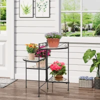 Outsunny Bloemenstandaard 4-dekuge Bloementrap Opvouwbaar Decoratief Binnen Buiten Tuin Balkon Metaal Keramische Tegels Zwart+Beige 64 x 64 x 72 cm(m-10)