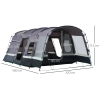 Outsunny campingtent 8 persoons tent tunneltent met voorkamer 4 ramen familietent PU3000mm voor trekking festival glasvezel donkergrijs 580 x 320 x 215 cm(m-3)