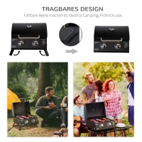 Outsunny tafelgrill gasgrill BBQ met 2 branders mobiele grillwagen grillnet klein buitentafel gasgrill picknick met reduceerslang RVS zwart 55 x 46.5 x 41 cm(m-5)