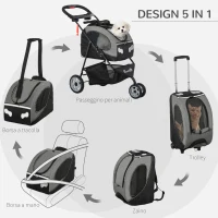 PawHut Passeggino per Cani Design 5 in 1 Piccoli Max. 8kg con Trasportino Staccabile, Passeggino per Gatti Pieghevole, Nero Grigio, 100x45x92cm(m-4)
