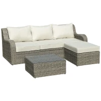 Outsunny 3-delige Polyrattan tuinmeubelset, tuinset, tuinset, loungeset, loungeset, loungemeubel met bijzettafel, aluminium kussens, lichtgrijs en beige(m-1)