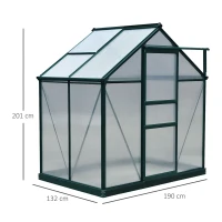 Outsunny kas aluminium kas met dakraam deur 190 x 132 x 201 cm plantenhuis met fundering inloop tomatenhuis weerbestendig polycarbonaat groen + transparant(m-3)