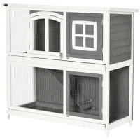 Pawhut hok voor kleine dieren Kooi voor kleine dieren met bodempan en oprit cavia hok cavia kooi 2 verdiepingen klein dierenhok dennenhout wit + grijs 117 x 49 x 108 cm(m-11)