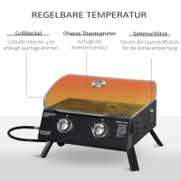 Outsunny tafelgrill gasgrill BBQ met 2 branders mobiele grillwagen grillnet klein buitentafel gasgrill picknick met reduceerslang RVS zwart 55 x 46.5 x 41 cm(m-4)