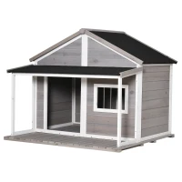 PawHut Massief Houten Hondenkennel Hondenkennels Geïsoleerd Hondenhok met Terras Asfaltdak Outdoor Weerbestendige Hut Grijs 127 x 112 x 109 cm(m-11)