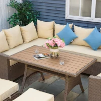 Outsunny 6-delig poly rotan bankstel voor tuin en terras incl. kussens, weerbestendig, bijzettafel, loungemeubel, bruin + kaki + blauw(m-8)