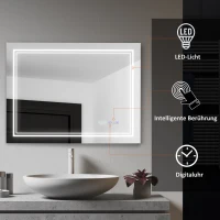 kleankin badkamerspiegel met led-verlichting Bluetooth en tijdweergave badkamerspiegel 6000-6500K wandspiegel touch schakelaar aluminium zilver 80 x 60 cm(m-4)