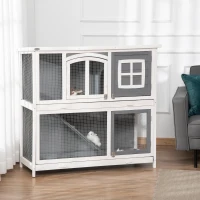 Pawhut hok voor kleine dieren Kooi voor kleine dieren met bodempan en oprit cavia hok cavia kooi 2 verdiepingen klein dierenhok dennenhout wit + grijs 117 x 49 x 108 cm(m-10)