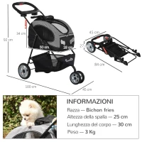 PawHut Passeggino per Cani Design 5 in 1 Piccoli Max. 8kg con Trasportino Staccabile, Passeggino per Gatti Pieghevole, Nero Grigio, 100x45x92cm(m-3)