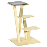 PawHut houten krabpaal voor binnen en buiten, krabpaal, klimboom met jute, kattenmeubel, krabplank met kussen, 3 platforms, stabiel kattenspeelgoed, naturel 48 x 48 x 78 cm(m-11)