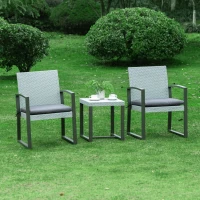 Outsunny poly rotan bistro set 3 st. Balkonmeubelset, tuinmeubelset met bijzettafel, tuinset, zitset met zitkussen, staal, zwart en grijs(m-2)