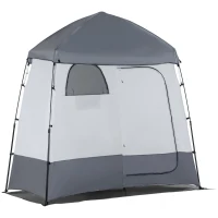 Outsunny Douchetent voor 2 Personen Toilettent met Transporttas 3 Deuren 2 Ramen Camping Omkleedtent Kleedkamer Opbergtent Lichtgrijs + Grijs(m-1)