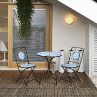 Outsunny Ø 61 cm tuinzitgroep 3-delige bistroset set 1 tafel + 2 klapstoelen voor terrasbalkon staalblauw(m-9)