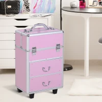 HOMCOM make-up koffer trolley professionele make-up koffer kapper make-up koffer multi koffer voor kapper met wielen 2 sleutels uittrekbare vakken lades roze aluminium 36 x 23 x 58 cm(m-2)