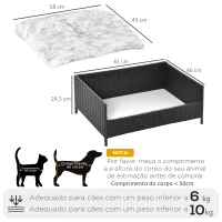 PawHut Sofá Cama para Cães de Vime Cama Elevada para Gatos Retangular com Almofada Suave e Lavável para Interior e Exterior 61x46x24,5cm Preto(m-3)