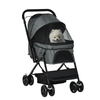 PawHut Carucior pentru Caini Pliabil cu Maner Reversibil si Roti din EVA, Gri(m-1)