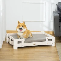 PawHut verhoogd hondenbed met kussen en houten frame Hondenbank Hondenbed Kattenbank Hondenbank Hondenslaapplaats voor kleine en middelgrote honden Wasbare hoes Wit+grijs 90 x 60 x 20 cm(m-2)