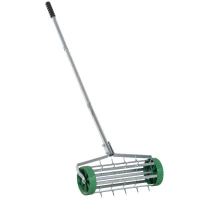 Outsunny gazonbeluchter handvat lengte verstelbaar handverticuteer gazonbeluchter spiked roller gazon rollende gazonbeluchter onderhoud tuin verzinkte buis groen + zilver 135 x 42,5 x 15 cm(m-1)