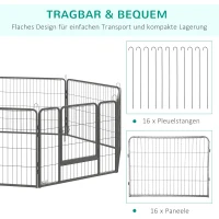 PawHut puppyren buiten 16 segmenten 60 cm hoog Pet Box Puppy Gate Hek Kinderbox Box Hond Behuizing Outdoor Grid Puppy Aanpasbaar met 2 Deuren Staal Grijs(m-6)