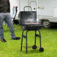 Outsunny Houtskoolgrill BBQ Tuingrill met Deksel en Planken Effectieve Hittebestendige Metalen Roker BBQ Warmhoudplaten Planken Tuinfeest Transportwielen Zwart 68 x 63 x 102 cm(m-10)