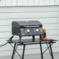 Outsunny tafelgrill gasgrill BBQ met 2 branders mobiele grillwagen grillnet klein buitentafel gasgrill picknick met reduceerslang RVS zwart 55 x 46.5 x 41 cm(m-9)