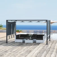 Outsunny Pergola Tuingazebo 3,9 x 2,9 m met zonneluifel en 4 automatische rolluiken Waterdicht voor tuinbekleding Tuinmeubelen Aluminium Polyester Donkergrijs(m-2)