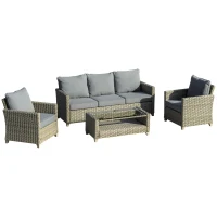 Outsunny 4-delige Luxe poly-rotan tuinmeubelset tuinset zitgroep lounge-set lounge-meubilair met bijzettafel zitkussen aluminium bruin, grijs(m-1)