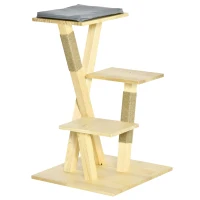 PawHut houten krabpaal voor binnen en buiten, krabpaal, klimboom met jute, kattenmeubel, krabplank met kussen, 3 platforms, stabiel kattenspeelgoed, naturel 48 x 48 x 78 cm(m-1)