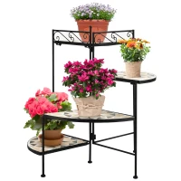Outsunny Bloemenstandaard 4-dekuge Bloementrap Opvouwbaar Decoratief Binnen Buiten Tuin Balkon Metaal Keramische Tegels Zwart+Beige 64 x 64 x 72 cm(m-11)