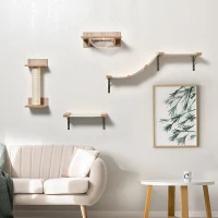 PawHut 4st. Klimmuur voor katten Kattenklimwand met krabpaal Kattentrap Kattenmeubel Hangmat Lichtbruin sisal acryl grenen(m-9)