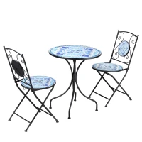 Outsunny Ø 61 cm tuinzitgroep 3-delige bistroset set 1 tafel + 2 klapstoelen voor terrasbalkon staalblauw(m-10)