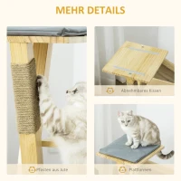 PawHut houten krabpaal voor binnen en buiten, krabpaal, klimboom met jute, kattenmeubel, krabplank met kussen, 3 platforms, stabiel kattenspeelgoed, naturel 48 x 48 x 78 cm(m-6)