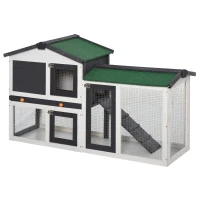 PawHut Kleintierstall Zwergkaninchenstall mit Asphaltdach Kleintierkäfige für draußen Tierstall Meerschweinchenkäfig outdoor Tannenholz winterfest Dunkelgrau+Weiß 145 x 45 x 85 cm(m-10)