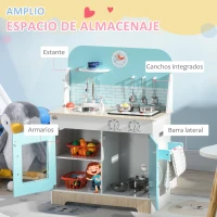HOMCOM Cocina de Juguete de Madera para Niños de +3 Años Cocinita de Juguete con Luz y Sonidos 65x29x81 cm Azul(m-7)