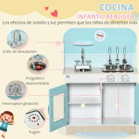HOMCOM Cocina de Juguete de Madera para Niños de +3 Años Cocinita de Juguete con Luz y Sonidos 65x29x81 cm Azul(m-4)