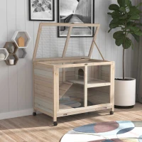 PawHut konijnenhok konijnenhok met twee verdiepingen op wielen massief hout naturel(m-2)