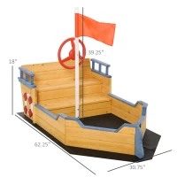 Outsunny Kids Wooden Sandpit Children Sandbox Pirate Ship Sandboat Outdoor Backyard Playset Play Station w/ Bench Bottom Liner(m-3)