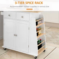 HOMCOM Kitchen Island Storage Cabinet Rolling Trolley with Rubber Wood Top, 3-Tier Spice Rack, Large Cabinet & Drawers(m-8)