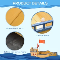 Outsunny Kids Wooden Sandpit Children Sandbox Pirate Ship Sandboat Outdoor Backyard Playset Play Station w/ Bench Bottom Liner(m-7)